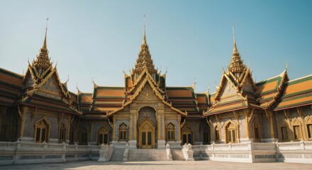 Fototapeta premium Grand palace facade, intricate golden details, ornate architecture, a vast courtyard