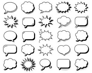 Collection of 24 different comic book style speech bubbles and text balloons