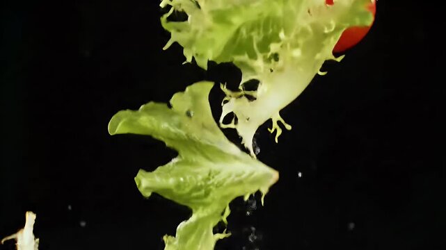 Freshly tossed salad ingredients in mid-air