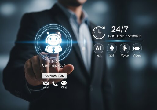 Businessman interacting with a futuristic ai chatbot interface for 247 customer service, highlighting ai, text, voice, and video communication channels - Powered by Adobe