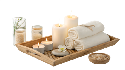 Serene spa arrangement with candles, towel, and bamboo cut out on PNG. AI GENERATED.
