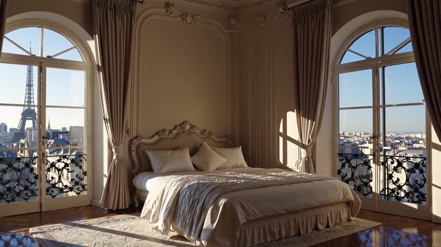 Elegant bedroom with stunning Eiffel Tower view in Paris during sunrise