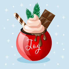 Christmas Hot Drink Mug with Whipped Cream, Christmas Candy, Bar Chocolate, Chocolate Drips, Fir Branch. Red Xmas Cup with Hot Chocolate Cocoa. Flat or Cartoon Winter Holiday Drink. New Year Vector.