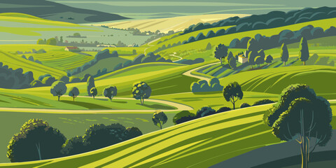 Stylized illustration of rolling green hills and farmland with winding paths and trees under a soft sky © Ruhidas
