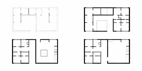Four different architectural floor plan layouts with varying room divisions and interior designs