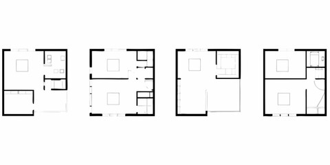 Collection of four minimalist architectural floor plan sketches showing different apartment layouts and room configurations