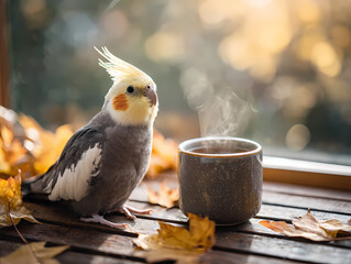 Cockatiel sitting next to a cup of warm tea