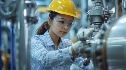 A woman wearing a yellow helmet and safety glasses is working on a machine. She is wearing gloves and is looking at the machine