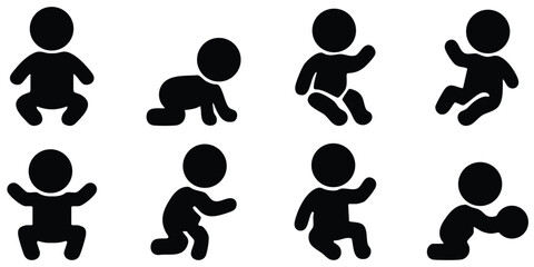 Stickman baby silhouette icons showing crawling, sitting, playing, and toddler movement poses for childcare and parenting design