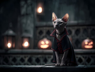 Sphinx cat dressed as vampire for Halloween