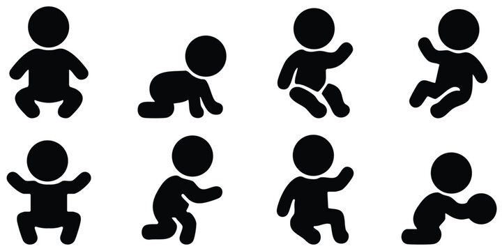 Stickman baby silhouette icons showing crawling, sitting, playing, and toddler movement poses for childcare and parenting design