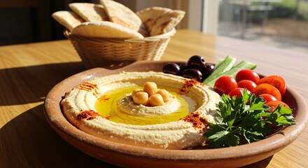 Hummus Platter with Pita Bread, Olives, Tomatoes and Parsley A Tasty and Healthy Middle Eastern Snack