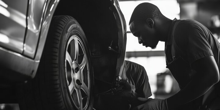 A professional mechanic working on a car tire at a service station.