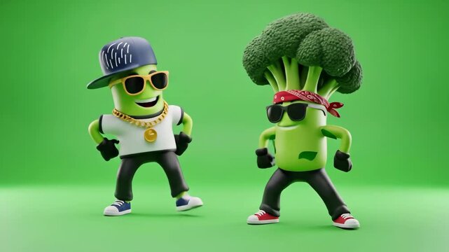 Funny Cool Broccoli Hip Hop Dance - Two cheerful 3D cartoon broccoli characters, wearing sunglasses and hip hop attire, are shown dancing against a green screen background.