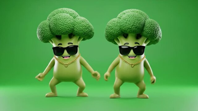 Funny Funky Broccoli Hip Hop Dance - Two cheerful 3D cartoon broccoli characters, wearing sunglasses and gold chains, are shown hip hop dancing against a green background.