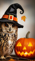 Fototapeta premium Realistic Owl in Witch Costume with Pumpkin Lantern for Halloween Night