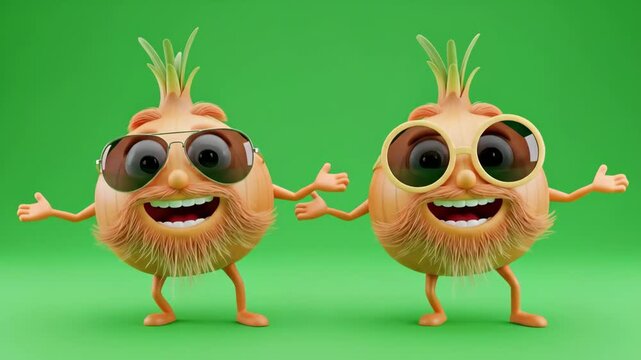 Funny Cheerful Onion Cartoon Characters Dancing - Two 3D video cartoon onions, wearing sunglasses and goatees, joyfully dance against a vibrant green screen background.