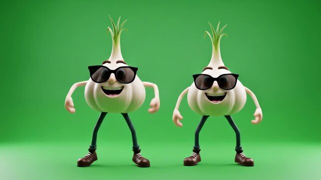 Funny Funky Garlic Characters Dancing - Two 3D-animated garlic characters, wearing sunglasses and stylish outfits, are shown dancing and having fun against a green screen background.