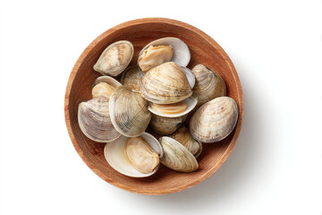 Wooden bowl brimming with fresh clams