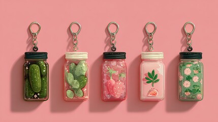 Fototapeta premium Playful keychain jar illustrations with plants and fruits on pink evoke gift, stationery, and lifestyle branding themes