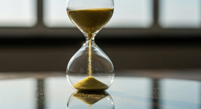 Hourglass with golden sand flowing;  reflection on polished surface;  blurred window background