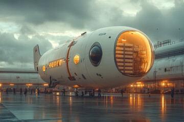 Large airplane parked on airport tarmac.