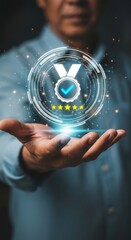 Man holding a holographic award medal with a checkmark and five stars, symbolizing quality and excellence