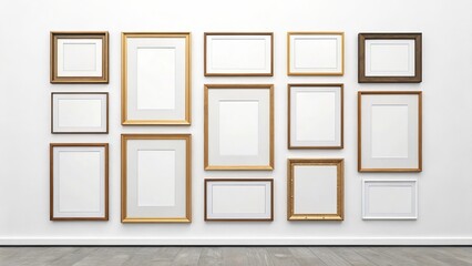 Collection of empty picture frames arranged on a white wall
