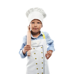 Choice of profession. Little boy with rolling pin pretending to be chef on white background