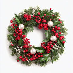 Festive Christmas wreath with greenery, berries, and ornaments