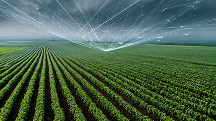 Agricultural field with digital network overlay under a stormy sky