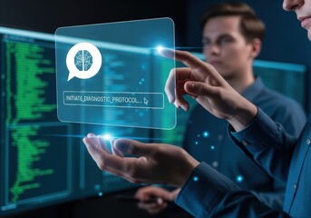 Two men in a dark room interacting with a futuristic holographic interface displaying a brain icon and code on computer screens