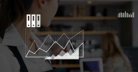 Barista tapping tablet screen to sync cloud data management, activating animated charts in cafe - Powered by Adobe