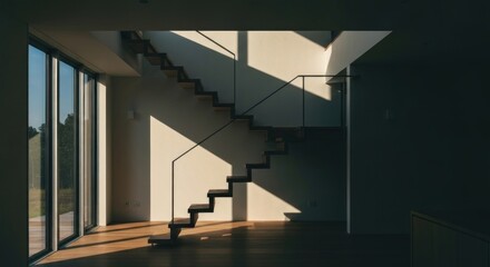 Obraz premium Interior shot of a modern home's wooden staircase, bathed in sunlight casting dramatic shadows on the light beige walls. Large windows offer a view of the outdoors