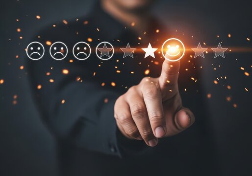 Customer selects five stars for excellent service, indicating high satisfaction with a glowing effect and sparkling particles