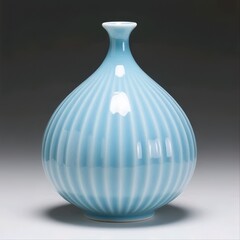 Title:
Light blue ceramic vase with pumpkin-like round shape and vertical grooves