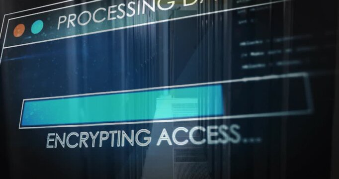 Digital overlay sliding into server corridor, showing progress bar loading data processing sequence