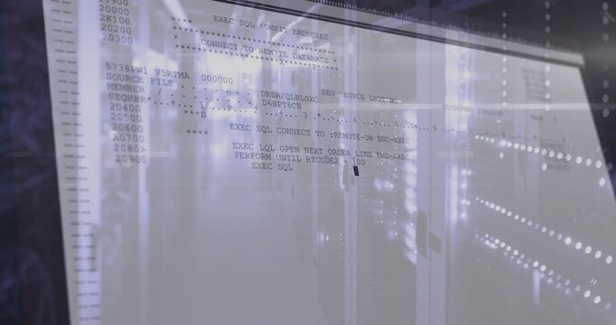 Overlay fading and scrolling COBOL SQL code over server room after beat displaying orders