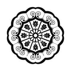Elegant black and white circular lace mandala design with intricate geometric patterns and floral elements