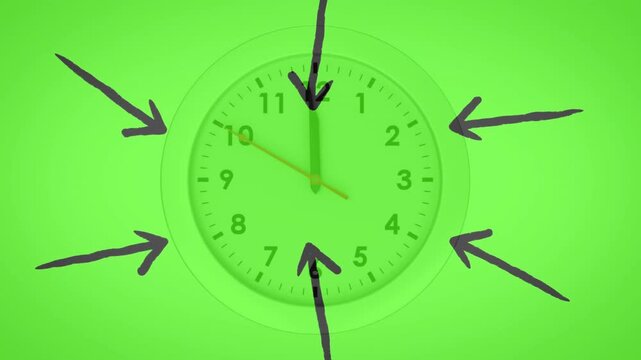 Arrows animating around analog clock at 1s shrinking while second hand advancing to show time flow