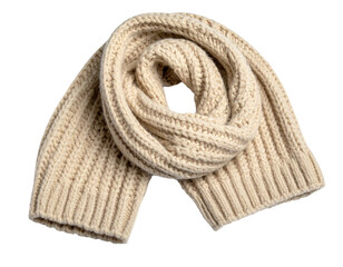 Cozy knitted woolen scarf in neutral beige color, isolated product shot