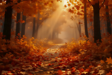 Sunrise Serenity in an Enchanted Forest: A Misty Golden Path Winding Through a Vibrant Canopy of Maple Trees with Ethereal Sunbeams and Fallen Leaves