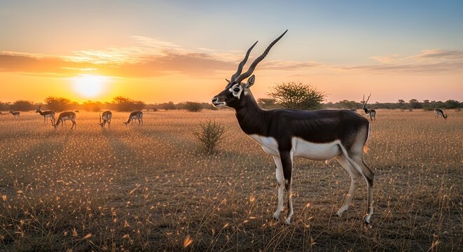 Elegant Indian Blackbuck Antelope Grazing in Golden Sunset Field, Wildlife Scene