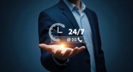 Businessman holding a 247 customer service icon with email and phone symbols