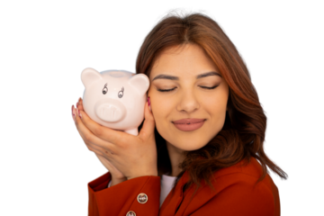Female professional embracing piggy bank, eyes closed, radiating contentment with financial success against clean transparent backdrop