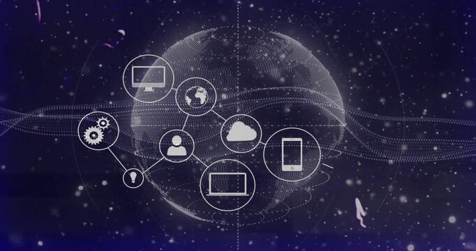 Opening on rotating dotted globe, network icons emerging and forming links for device connectivity