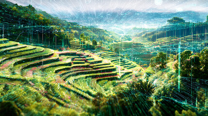 Digital overlay on terraced agricultural landscape with green fields and mountainous terrain
