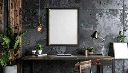 Modern Home Office Setup With Blank Framed Poster On A Rustic Desk