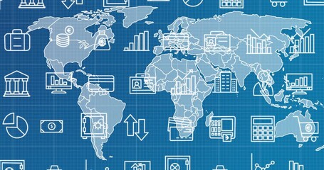 Opening blueprint grid graphic sliding Americas outlines, fading finance icons, showing global flow - Powered by Adobe