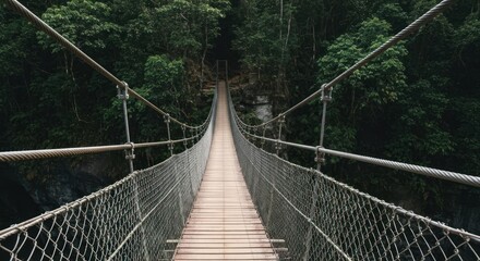 Fototapeta premium Lush forest canopy surrounds a suspension bridge